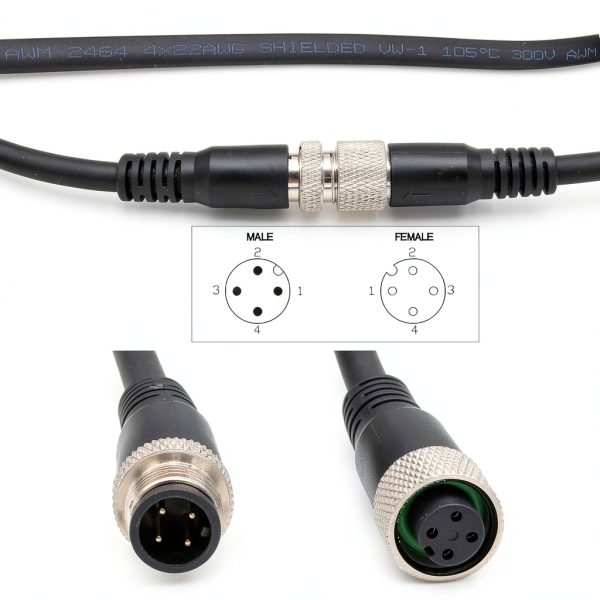 M12 4 Pin Male to 4 Pin Female A Coded Waterproof Cable HangTon 10m-3